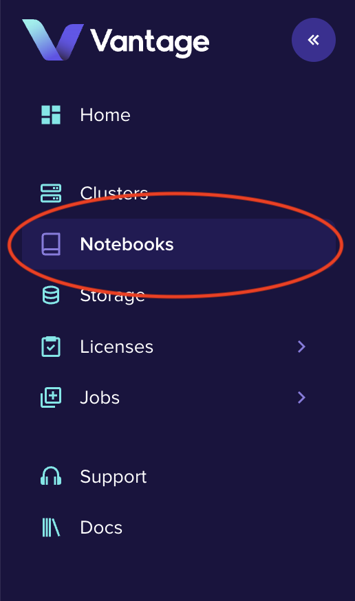 Notebooks tab in Vantage menu