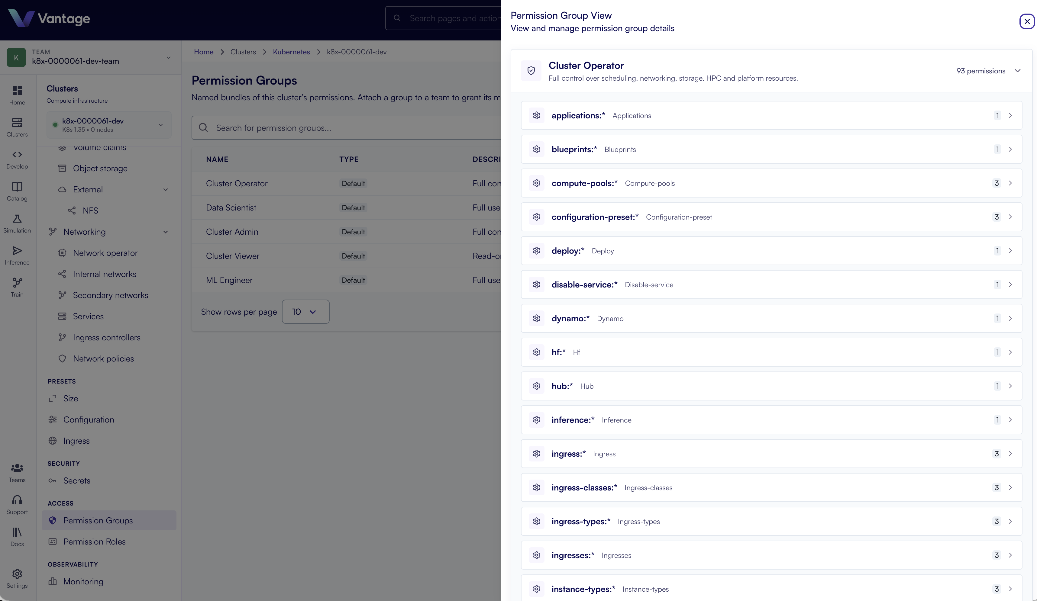 Permission group detail with granular permissions in Vantage